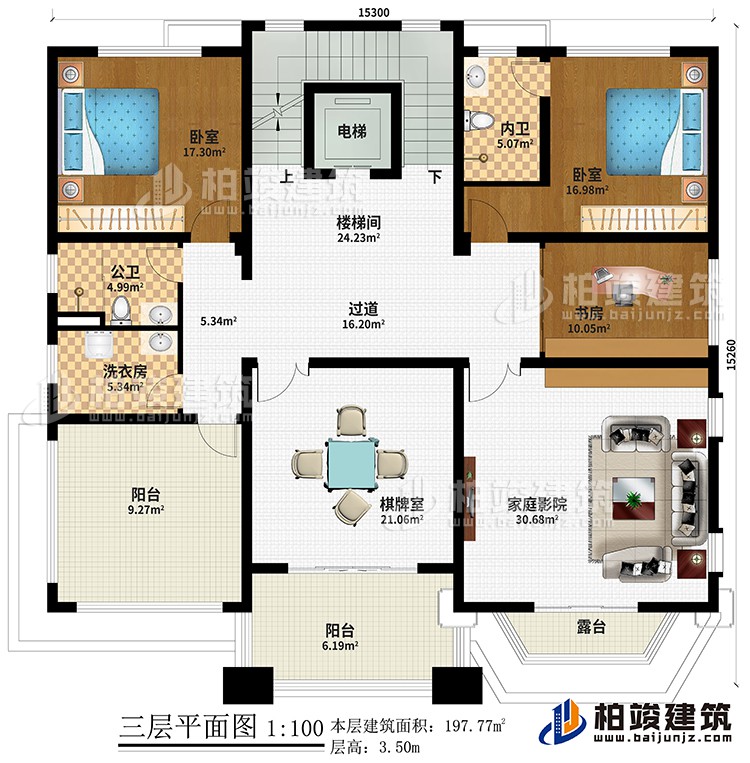 三层：2卧室、楼梯间、过道、书房、洗衣房、棋牌室、家庭影院、公卫、内卫、2阳台、露台